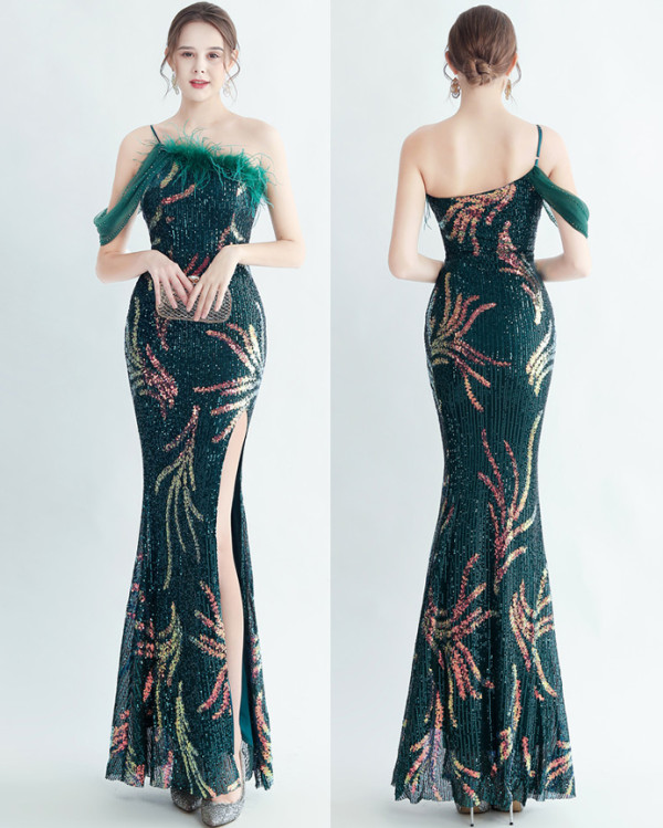 Elegant One Shoulder Prom Dress Sequins Party Dress Feather Evening Dress