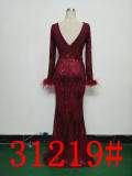 Formal Long Sleeve Prom Dress Sequin Long Party Dress Feather Evening Dress