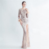 Formal Long Sleeve Prom Dress Sequin Long Party Dress Feather Evening Dress