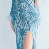 Formal Long Sleeve Prom Dress Sequin Long Party Dress Feather Evening Dress