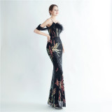 Elegant One Shoulder Prom Dress Sequins Party Dress Feather Evening Dress