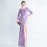 Formal Long Sleeve Prom Dress Sequin Long Party Dress Feather Evening Dress
