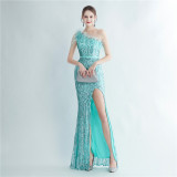 Formal Slash Shoulder Prom Dress Feather Party Dress Sequin Evening Dress