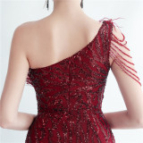 Formal Slash Shoulder Prom Dress Feather Party Dress Sequin Evening Dress