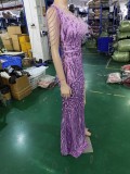 Formal Slash Shoulder Prom Dress Feather Party Dress Sequin Evening Dress
