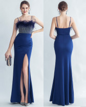 Formal Beaded Party Dress Feather Evening Dress