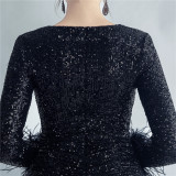 Formal Sequined Cocktail Dress Feather Short Evening Dress