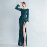 Formal Long Sleeve Prom Dress Sequin Long Party Dress Feather Evening Dress
