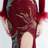 Formal Sequins Evening Dress Feather Party Dress Velvet Prom Dress