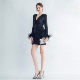 Formal Sequined Cocktail Dress Feather Short Evening Dress