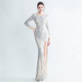 Formal Long Sleeve Prom Dress Sequin Long Party Dress Feather Evening Dress