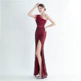 Formal Slash Shoulder Prom Dress Feather Party Dress Sequin Evening Dress
