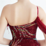 Elegant One Shoulder Prom Dress Sequins Party Dress Feather Evening Dress