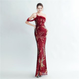 Elegant One Shoulder Prom Dress Sequins Party Dress Feather Evening Dress