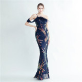 Elegant One Shoulder Prom Dress Sequins Party Dress Feather Evening Dress