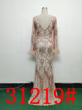 Formal Long Sleeve Prom Dress Sequin Long Party Dress Feather Evening Dress