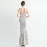 One Shoulder Prom Dress Sequined Side Slit Evening Dress