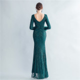 Formal Long Sleeve Prom Dress Sequin Long Party Dress Feather Evening Dress