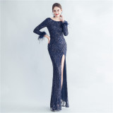 Formal Long Sleeve Prom Dress Sequin Long Party Dress Feather Evening Dress