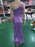 Formal Slash Shoulder Prom Dress Feather Party Dress Sequin Evening Dress