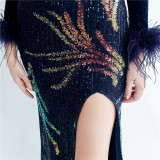 Formal Sequins Evening Dress Feather Party Dress Velvet Prom Dress