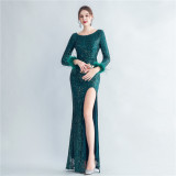 Formal Long Sleeve Prom Dress Sequin Long Party Dress Feather Evening Dress