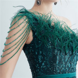 Formal Slash Shoulder Prom Dress Feather Party Dress Sequin Evening Dress