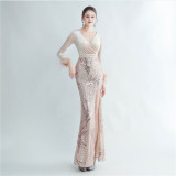 Formal Sequins Evening Dress Feather Party Dress Velvet Prom Dress