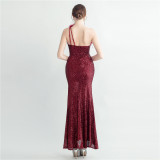 One Shoulder Prom Dress Sequined Side Slit Evening Dress