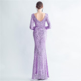 Formal Long Sleeve Prom Dress Sequin Long Party Dress Feather Evening Dress