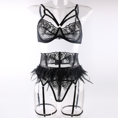 Sexy Black Feather Lace Garter Lingerie Set