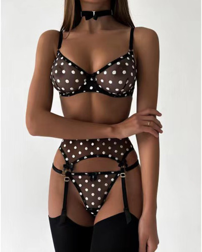 Polka Dot Print Sexy See Through Garter Lingerie Set