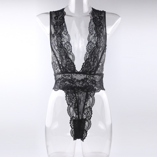 Black Lace Valentine's Lingerie Deep-V Thongs Bodysuit Underwear