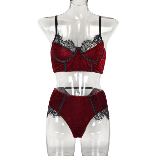 Sexy Lace Patchwork Velvet Lingerie Set