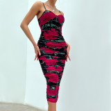 Classic Floral Print Sexy Scrunch Butt Pleated Straps Midi Dress