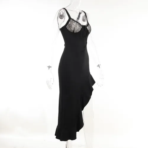 Party Evening Lace Patchwork Wide Straps Ruffles Irregular Maxi Dress