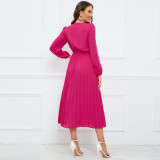 Autumn Solid Color Long Sleeved V-Neck Pleated Long Maxi Dress