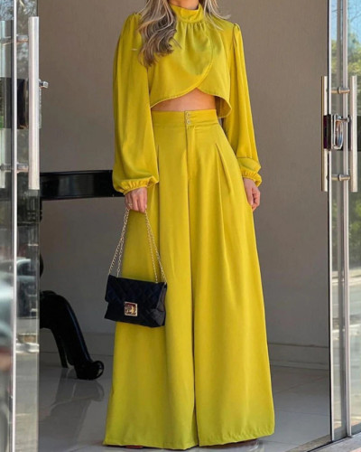 Autumn Casual Solid Color Long Sleeved Crop Top + Bell Bottom Trousers Two Piece Outfit