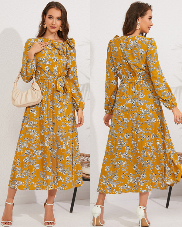 Autumn Floral Print Retro Bow Tie Long Sleeved Pleated Long Maxi Dress