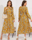 Autumn Floral Print Retro Bow Tie Long Sleeved Pleated Long Maxi Dress