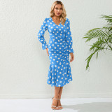 Autumn Long Sleeve V-Neck Polka Dot Pleated Long Maxi Dress