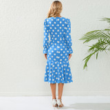 Autumn Long Sleeve V-Neck Polka Dot Pleated Long Maxi Dress