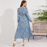 Autumn Floral Print Retro Bow Tie Long Sleeved Pleated Long Maxi Dress