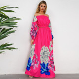 Autumn Floral Print Off Shoulder Crop Top + Long Maxi Skirt Two Piece Holiday Outfit