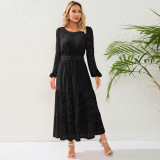 Autumn Lace Patchwork Long Sleeved O-Neck Retro Long Maxi Dress