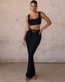 Autumn Solid Color Knitting Cropped Vest + Long Skirt Two Piece Outfit
