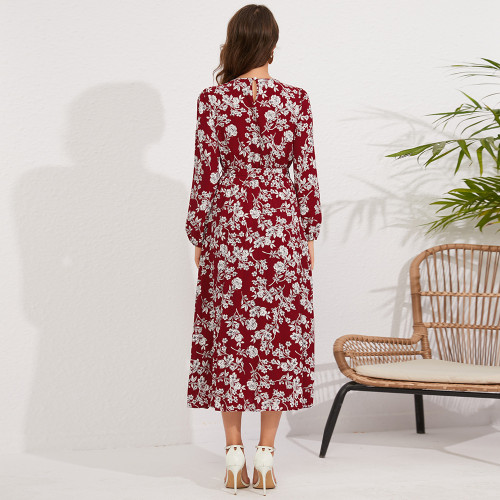 Autumn Floral Print Retro Bow Tie Long Sleeved Pleated Long Maxi Dress
