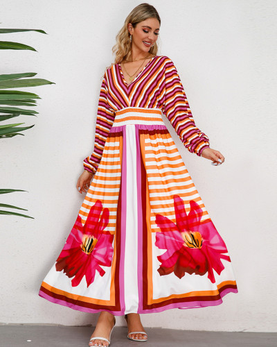 Autumn Long-Sleeve V-Neck Stripes Floral Long Maxi Dress