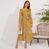 Autumn Floral Print Retro Bow Tie Long Sleeved Pleated Long Maxi Dress