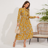 Autumn Floral Print Retro Bow Tie Long Sleeved Pleated Long Maxi Dress